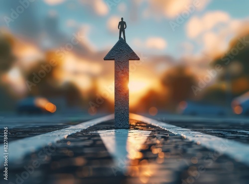 3D arrow pointing upwards with a business man standing on top of it, road background, growth concept idea photo