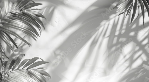 3D rendering of empty white wall with palm leaves shadows. Background for product presentation in tropical summer theme
