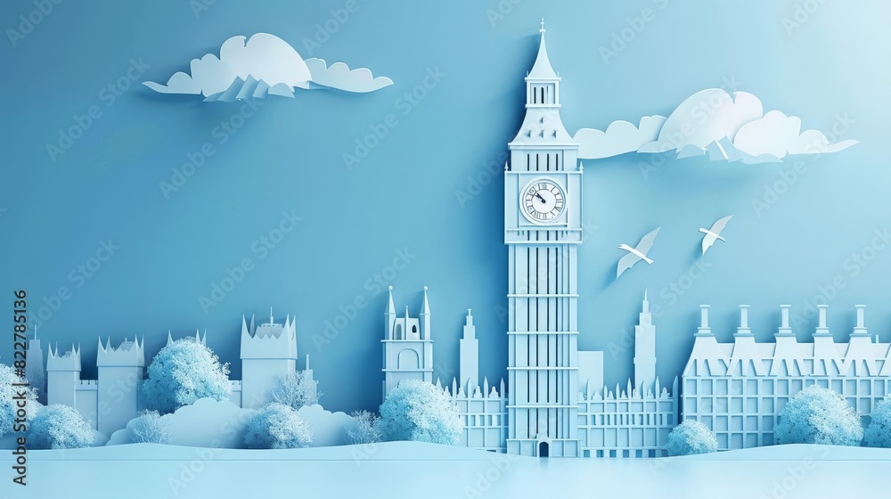 An illustration of Big Ben and the Houses of Parliament in a blue paper cut out style. The image is set against a pale blue background and features white clouds and birds.