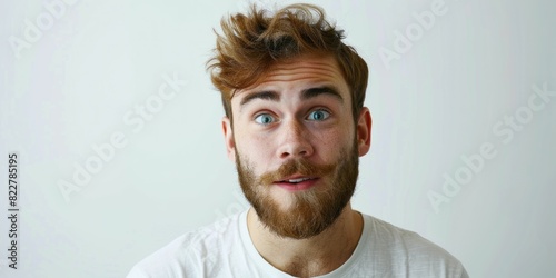Traveler with a white tshirt and beard looking at camera in portrait photo for stock image library photo