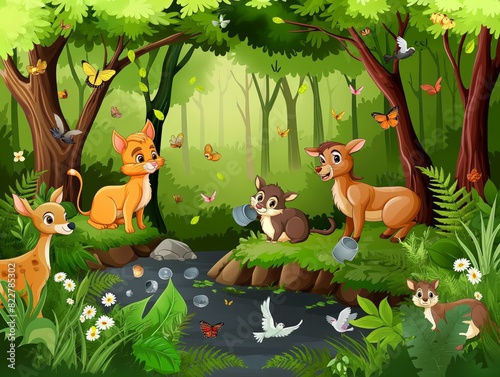 A group of animals are in a forest  including a cat  a deer  and a rabbit