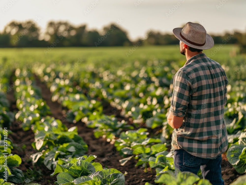 A man in a plaid shirt and hat stands in a field of green plants