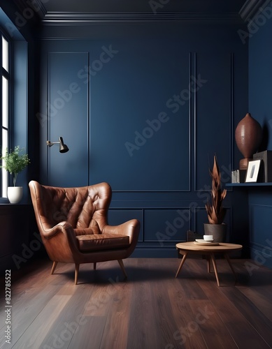 Modern interior of living room with leather armchair on wood flooring and dark blue wall

