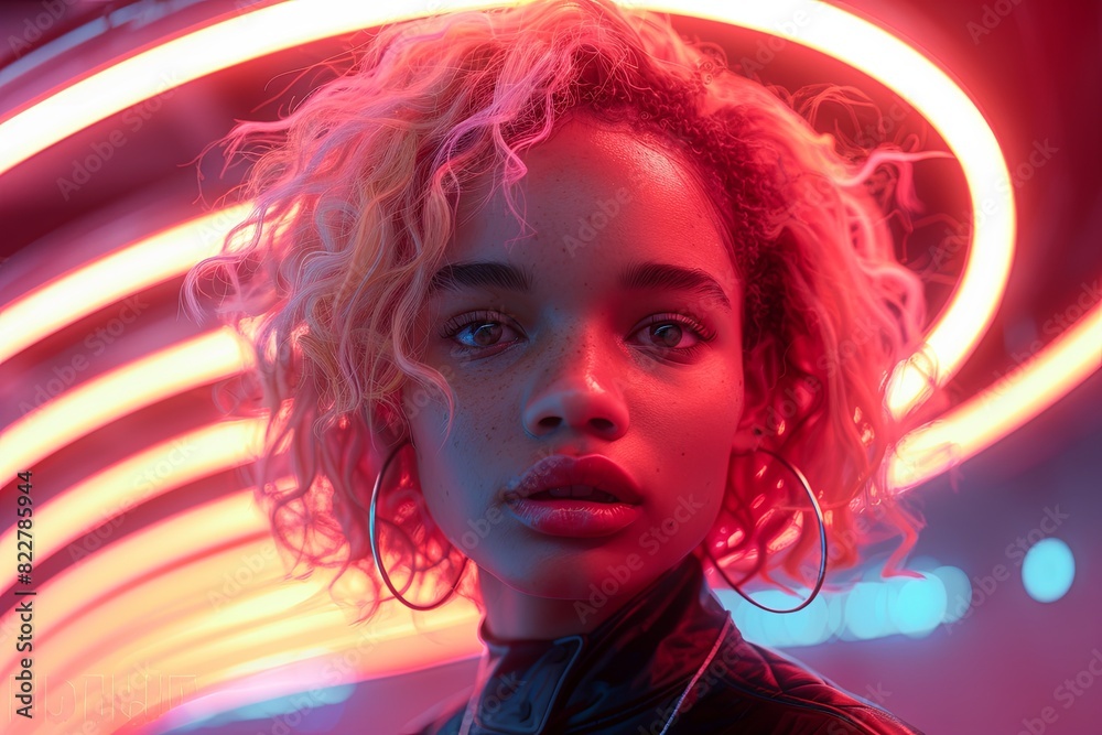 Futuristic Neon Individual: Vibrant Hair Tones in a Digital Cinematic Setting