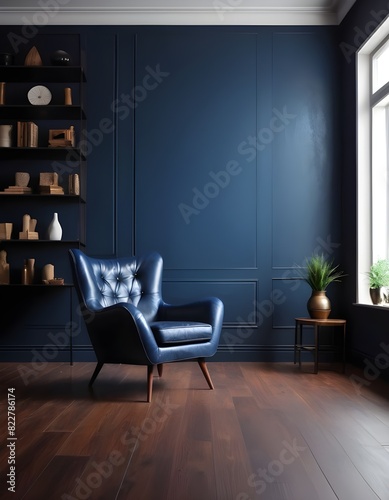 Modern interior of living room with leather armchair on wood flooring and dark blue wall
