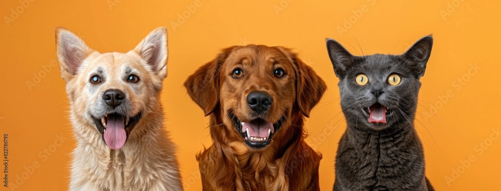 Friends pets gathering on vibrant orange background friendship, animals, joy, cheerful, happiness, togetherness, fun concept