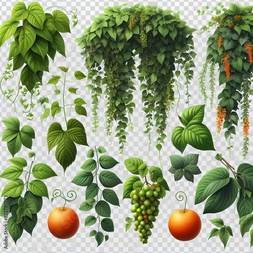 . GCollection of PNG. Green leaves Javanese treebine or Grape ivy. reen leaves Javanese treebine or Grape ivy. Jungle vine hanging ivy plant bush isolated on a transparent background. photo