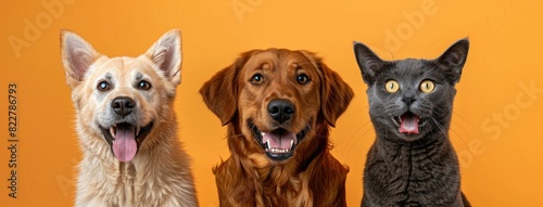 Friends pets gathering on vibrant orange background friendship, animals, joy, cheerful, happiness, togetherness, fun concept