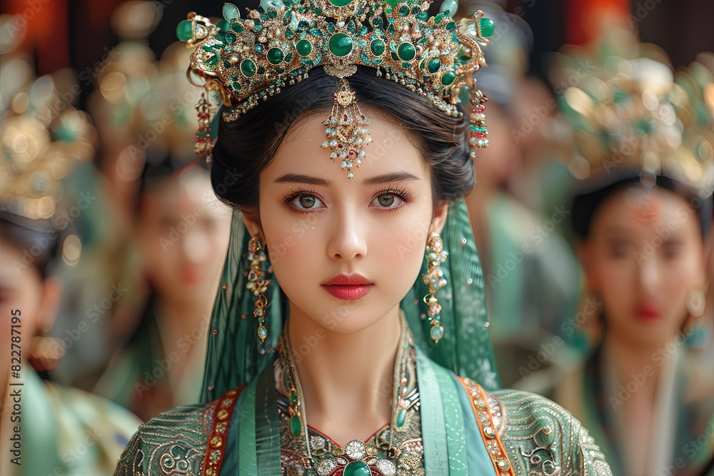 Regal Empress: Shimmering Emerald Jewels & Intricate Robes
