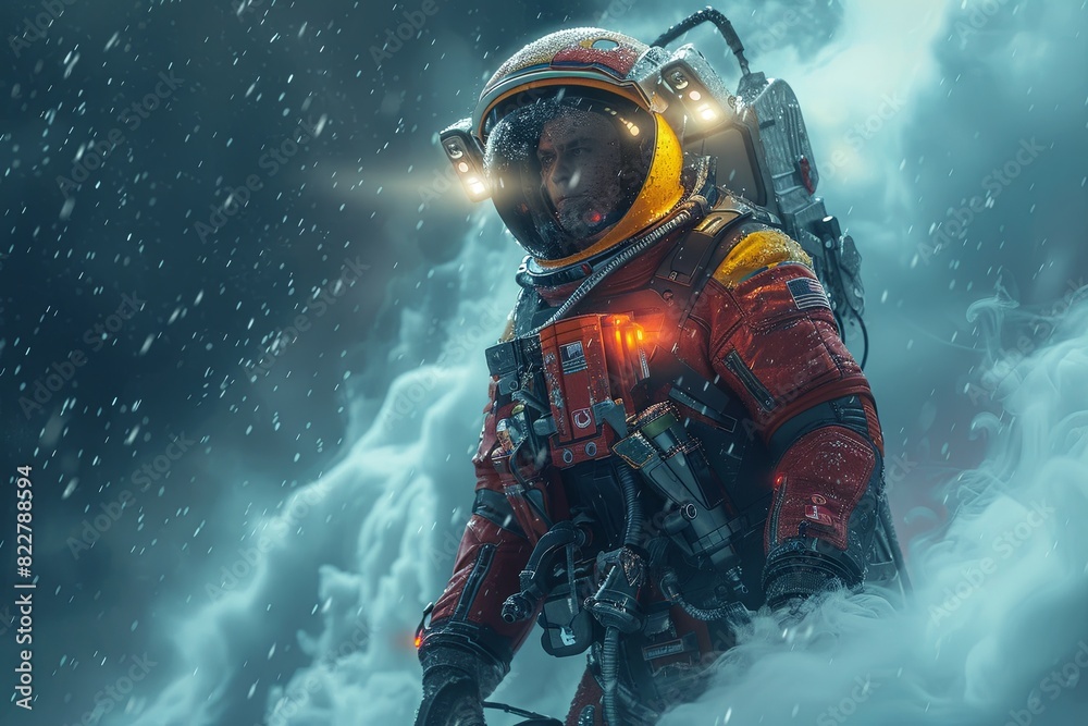 Obraz premium Enigmatic Astronaut: Red and Yellow Sci-Fi Suit on Glowing Serene Cloud