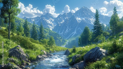 A mountain stream cascading over rocks, surrounded by lush green vegetation and tall trees, with the sound of flowing water adding to the serene forest setting. Illustration photo
