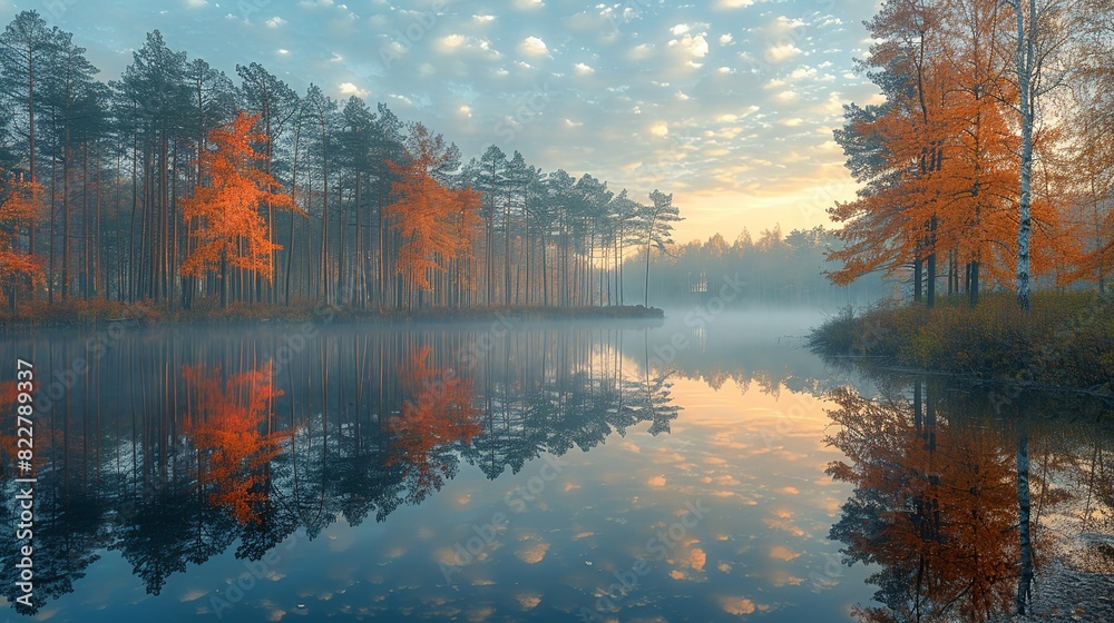 Naklejka premium A peaceful forest lake reflecting the trees and sky, with morning fog creating a calm and serene environment perfect for nature backgrounds. Illustration image,