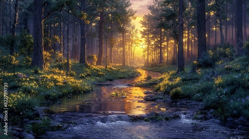 A serene forest waterfall  with water tumbling down moss-covered rocks and pooling in a clear stream below  surrounded by vibrant green foliage. Illustration image 