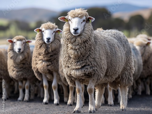 A group of sheep are standing in a line, with one of them looking directly at the camera. Concept of calm and peacefulness, as the sheep are simply standing and grazing in a field