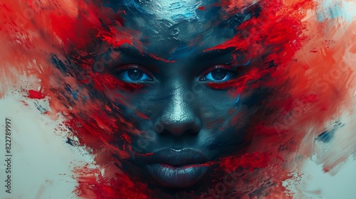 An abstract portrait  featuring red bold brushstrokes and unexpected shapes.