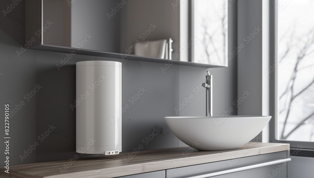 Fototapeta premium White wall mounted waterheater in bathroom interior