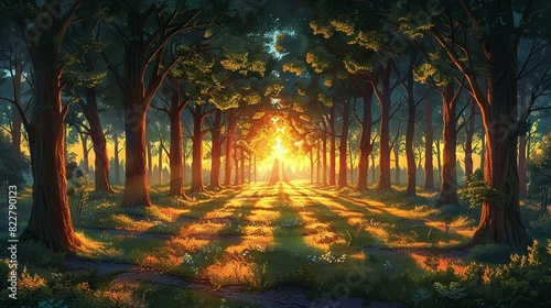 An evening forest scene with the setting sun casting long shadows and warm light on the trees  enhancing the peaceful and reflective mood. Illustration image 