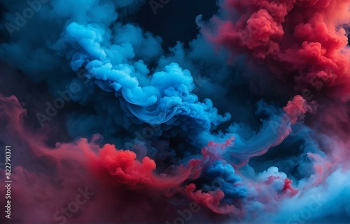 The smoke background is a combination of blue and red