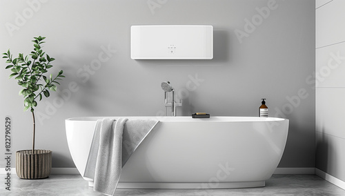 A white water GMH250B wall mounted electric boiler is hanging on the grey bathroom walls  next to it there s an open sink and a towel rack with towels