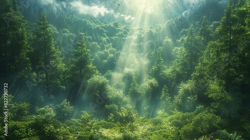 Early morning mist in a dense forest  with sunlight filtering through the trees and creating an ethereal and dreamy landscape perfect for peaceful backgrounds. Illustration