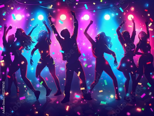 A group of people are dancing in a club with colorful lights and confetti. Scene is energetic and fun