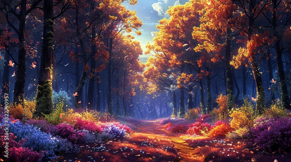 Evening light casting a warm glow on a forest, with tall trees and colorful underbrush creating a serene and reflective mood. Illustration image, Evening light casting a warm glow on a forest, with tall trees and colorful underbrush creating a serene and reflective mood. Illustration image,