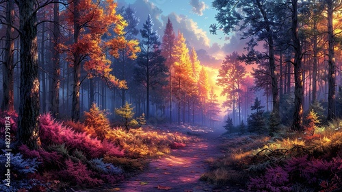 Evening light casting a warm glow on a forest, with tall trees and colorful underbrush creating a serene and reflective mood. Illustration image,