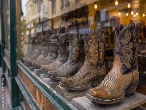 A row of cowboy boots are displayed in a window. The boots are brown and black, and they are arranged in a row