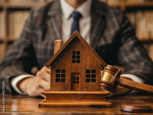 A man in a suit sits behind a wooden house model on a table. The man is wearing a tie and he is a lawyer