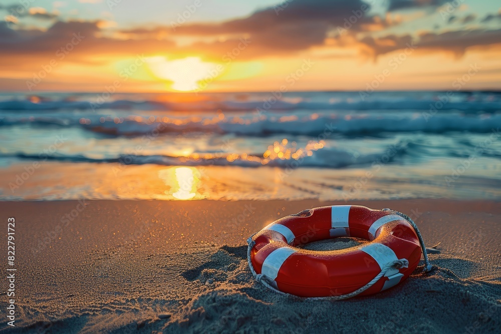 Naklejka premium Life preserver on the beach with sand and sea in background, sunset, blue sky, high resolution photography, high quality photo realistic image