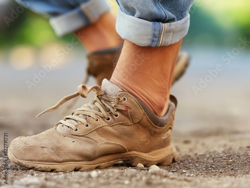 A person's foot is shown with a dirty shoe and a dirty sock. The person is standing on a dirt road