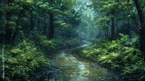 Rain-soaked forest path  with glistening leaves and fresh rain droplets enhancing the vibrant green foliage and serene atmosphere. Illustration image 