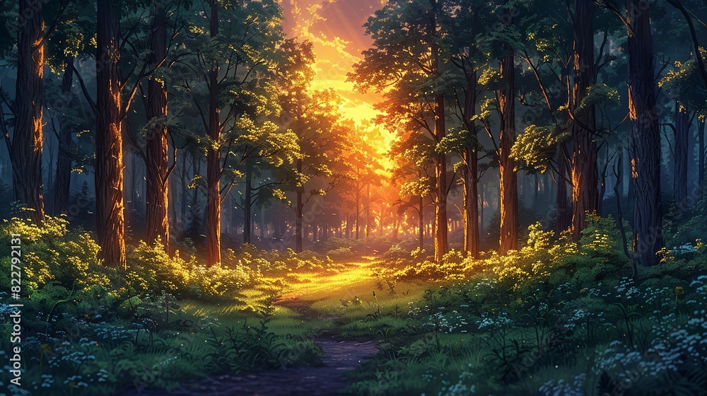 Forest background images, Tranquil forest at dawn with the first light of day illuminating the trees and casting a soft, warm glow on the forest floor. Illustration image, Forest background images, Tranquil forest at dawn with the first light of day illuminating the trees and casting a soft, warm glow on the forest floor. Illustration image,