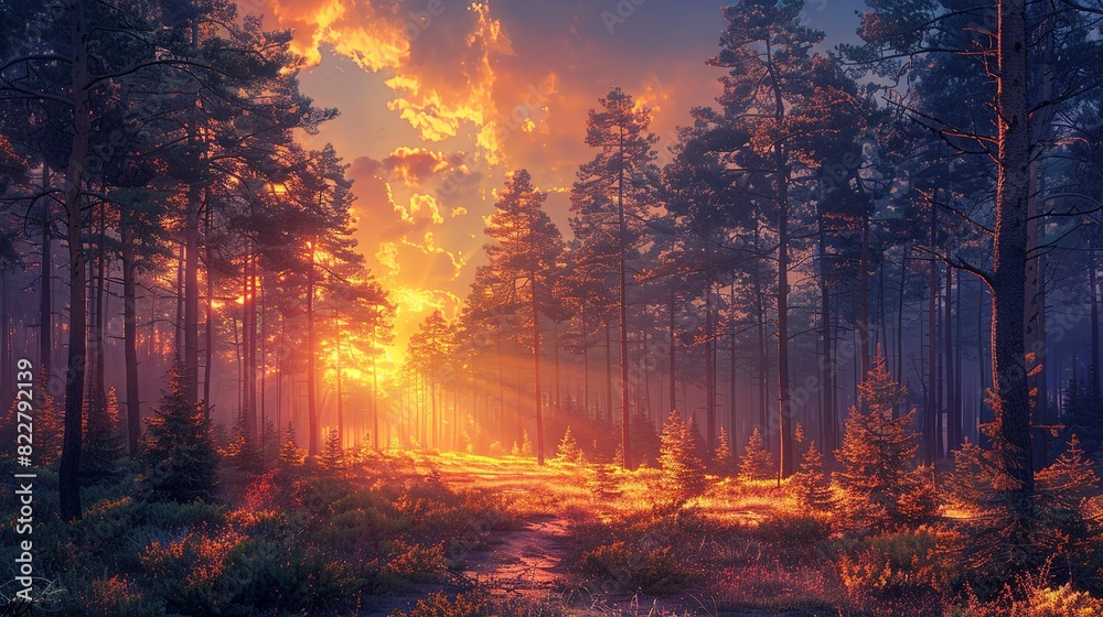 Tranquil forest at dawn with the first light of day illuminating the trees and casting a soft, warm glow on the forest floor. Illustration image, Tranquil forest at dawn with the first light of day illuminating the trees and casting a soft, warm glow on the forest floor. Illustration image,