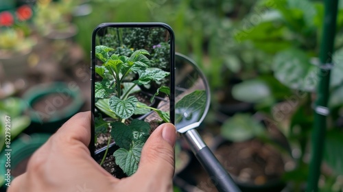 A person inspecting their plants leaves through the apps virtual magnifying glass feature to check for any pests or diseases.