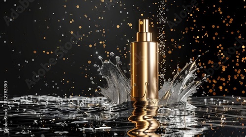 luxury golden cosmetic bottle with water splash 3d product visual