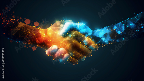 Digital illustration of two hands shaking, composed of glowing geometric shapes and network lines, symbolizing technology-driven collaboration and connection.