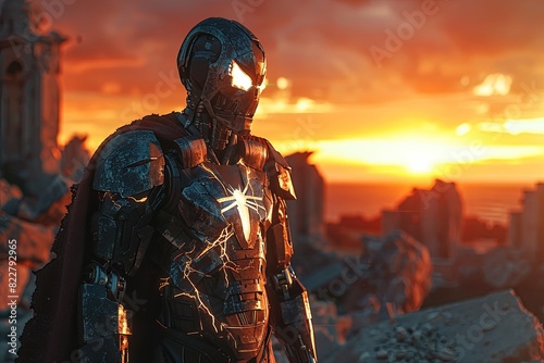 Diabolical Cyborg: Torn Cape in Sunset Ruins - Adaptive Armor, Dynamic Pose with Glowing Veins