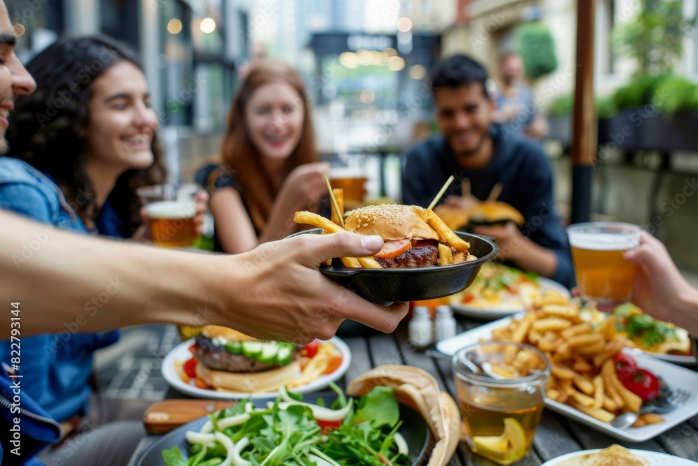 A diverse group of friends dine at an outdoor cafe, enjoying burgers and drinking beer together. A diverse group of friends dine at an outdoor cafe, enjoying burgers and drinking beer together.