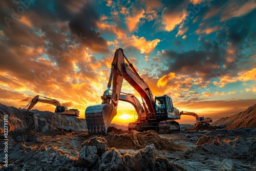 Wallpaper Mural Photo of heavy construction machinery, including excavators and yard machines at the site during sunset with a dramatic sky Torontodigital.ca