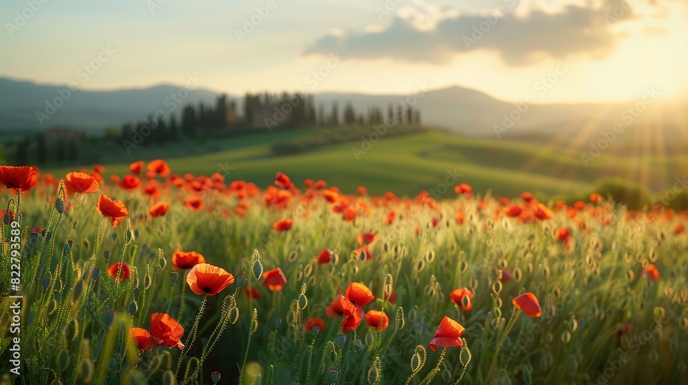 Picturesque scene of poppy fields in Tuscany, Italy, with rolling hills and distant silhouettes of farmhouses, capturing the beauty of nature's palette.