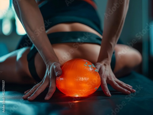 A woman is holding a ball in her hands. The ball is orange and has a light on it. The woman is sitting on a black surface photo