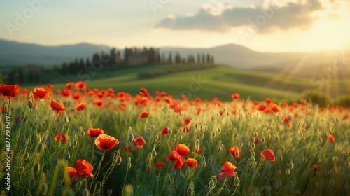 Picturesque scene of poppy fields in Tuscany  Italy  with rolling hills and distant silhouettes of farmhouses  capturing the beauty of nature s palette.