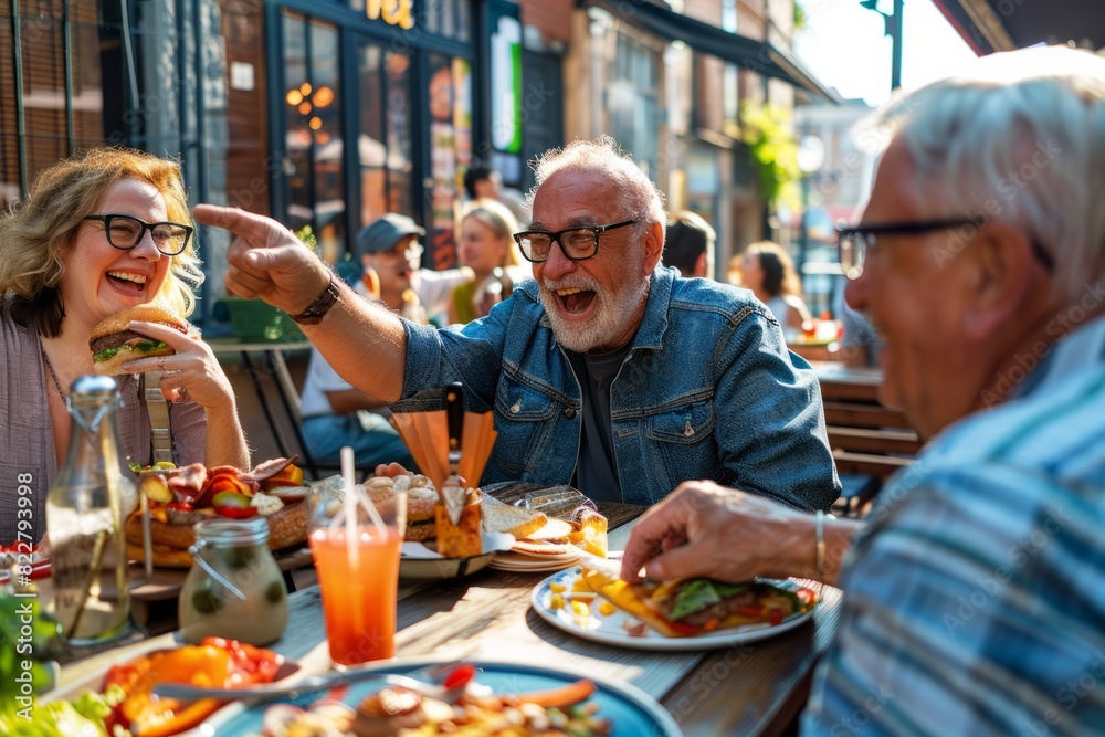 A diverse group of friends dine at an outdoor cafe, enjoying burgers and drinking beer together. A diverse group of friends dine at an outdoor cafe, enjoying burgers and drinking beer together.