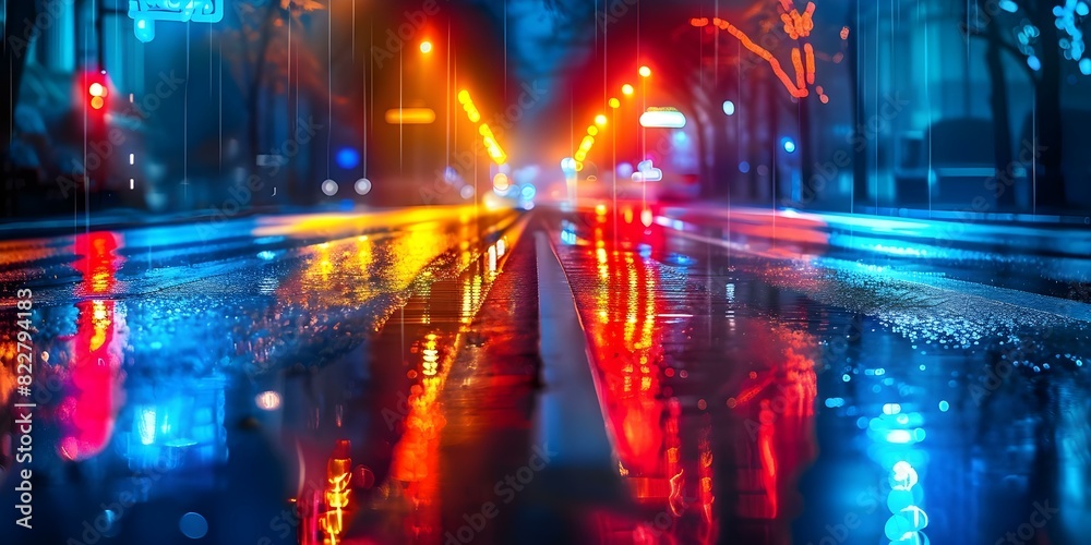 Neon signs casting colorful spectrum on wet road, transforming urban landscape. Concept Urban Exploration, Neon Lights, Street Photography, Colorful Reflections, Night Scenes