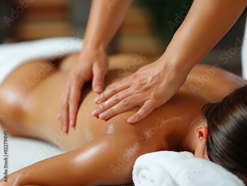 A woman is getting a massage  and the masseuse is applying lotion to her back. The woman is relaxed and comfortable  and the masseuse is gentle and attentive. Concept of relaxation and care