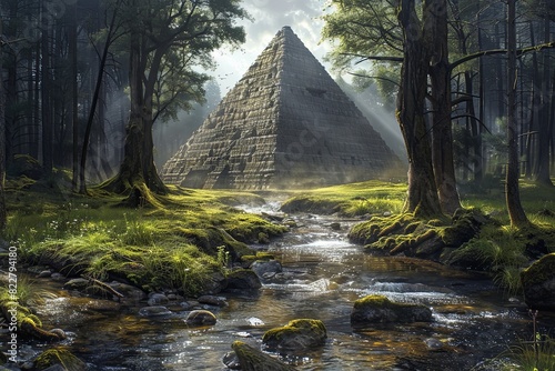 Enigmatic Mysteries: Egyptian Pyramid Amidst forest, Winding River in Dark Fantasy Art