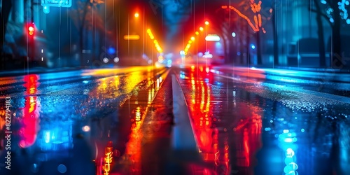 Neon signs casting colorful spectrum on wet road  transforming urban landscape. Concept Urban Exploration  Neon Lights  Street Photography  Colorful Reflections  Night Scenes