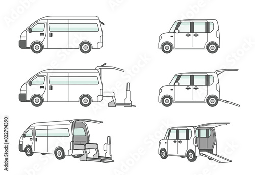 ワゴン車と軽自動車の福祉車両のイラストセット