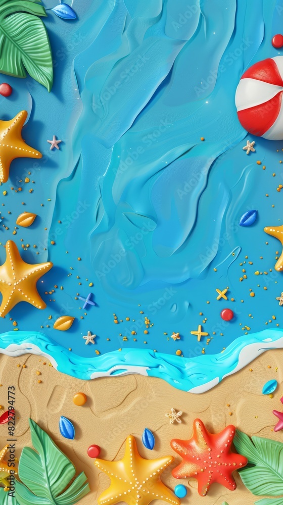 Naklejka premium Summer holiday background. top view 3d beach clay style, copy space for your text.